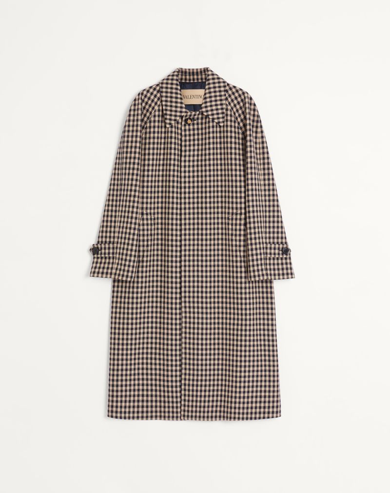 Manteau Droit Coton Laine Vichy Bleu Marine/Beige — Valentino