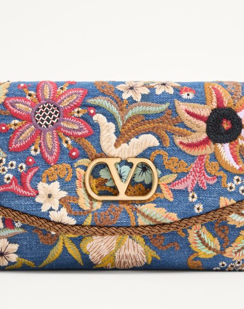 Valentino Garavani - Valentino Garavani Devain Small Shoulder Bag In Embroidered Denim - Denim/multicolor - Woman - Shoulder Bags