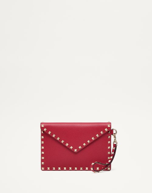 Valentino Garavani - Bolso Tipo Sobre Rockstud De Piel De Becerro Granulada - Rosso Valentino - Mujer - Bolso De Mano