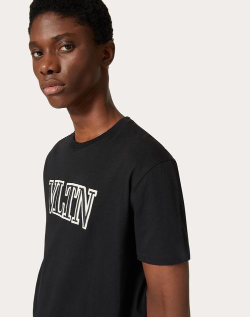 Vltn Embroidered Cotton T-shirt for Man in Black/white | Valentino US