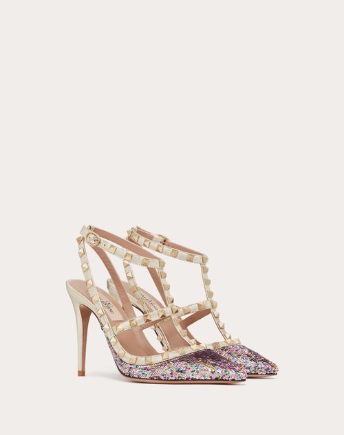 Valentino Garavani - Rockstud Pump With Sequin Embroidery And Straps 100mm - Multicolor/platinum - Woman - Partywear