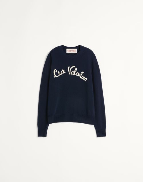 Valentino - Wool Crewneck Sweater With Chez Valentino Embroidery - Indigo - Man - Shelf - Mrtw - Collection - W2