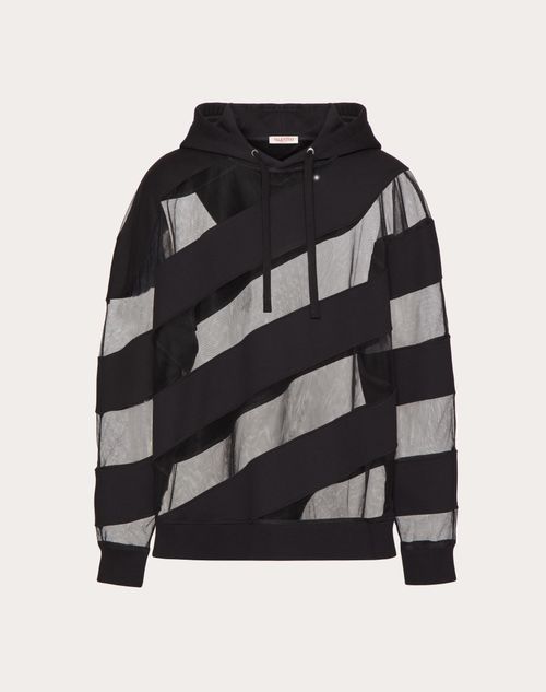 Valentino - Cotton Hooded Sweatshirt With Large Strhype Nylon Tulle Inserts - Black - Man - Tshirts And Sweatshirts