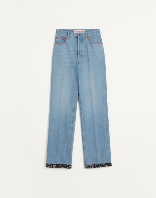 Valentino - Denim Trousers With Floral Print Hem - Denim - Man - Denim