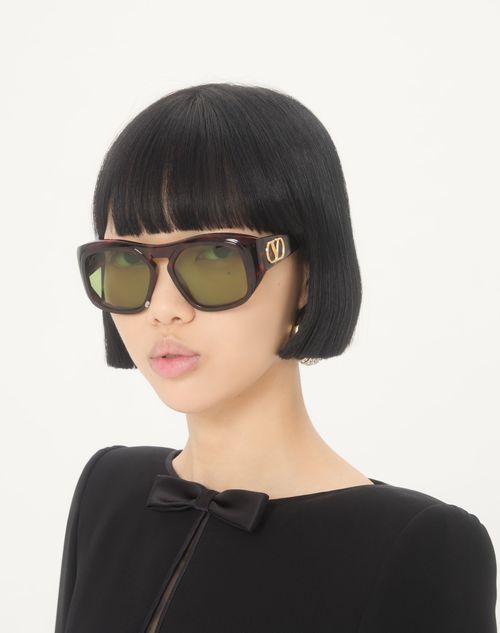 Valentino - Rectangular Acetate Frame - Brown/green - Unisex - Eyewear