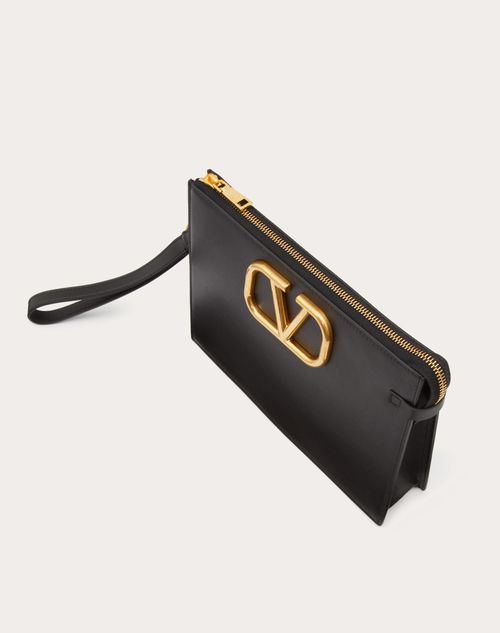 V Logo Leather Pouch in Black - Valentino Garavani