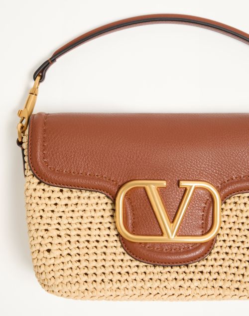 Valentino Garavani - Valentino Garavani Alltime Shoulder Bag In Raffia And Grainy Calfskin With Ribbon Strap Featuring Cherryfic Embroidery - Natural/saddle Brown - Woman - Shoulder Bags