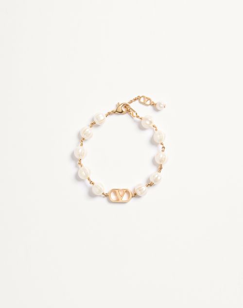 Valentino Garavani - Vlogo Signature Bracelet In Metal With Glass Beads - Gold/cream - Woman - Jewelry