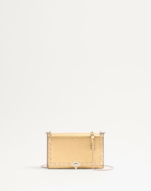 Valentino Garavani - Rockstud Mini Calfskin Bag With Chain In Laminated Grainy Calfskin - Antique Brass - Woman - Wallets And Small Leather Goods