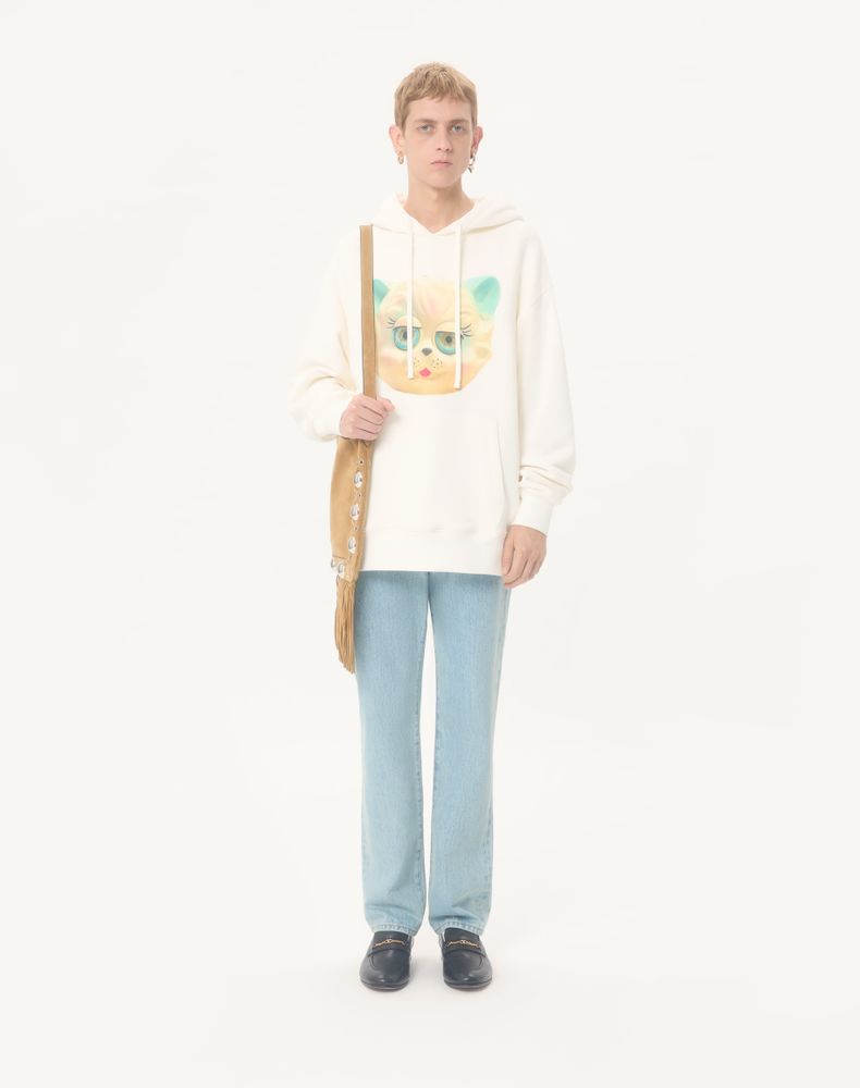 Valentino Cotton Hooded Sweatshirt With Le Chat De La Maison Print Man Ivory L