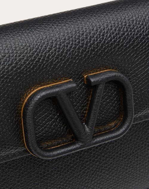 V Logo Signature Leather Chain Wallet in Black - Valentino