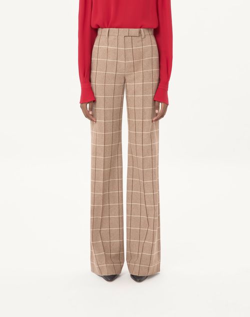 Valentino - Wool Trousers With Windowpane Check Pattern - Beige/maroon/ivory - Woman - Trousers And Shorts