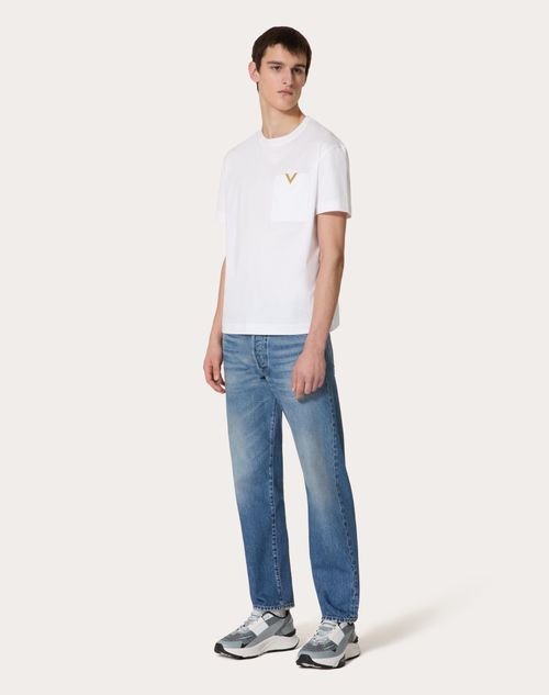 Valentino - Cotton T-shirt With Metallic V Detail - White - Man - T-shirts And Sweatshirts