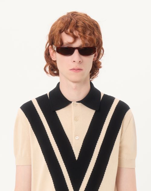Valentino - Valentino Cotton Polo Shirt With Inlaid V - Butter/black - Man - Knitwear
