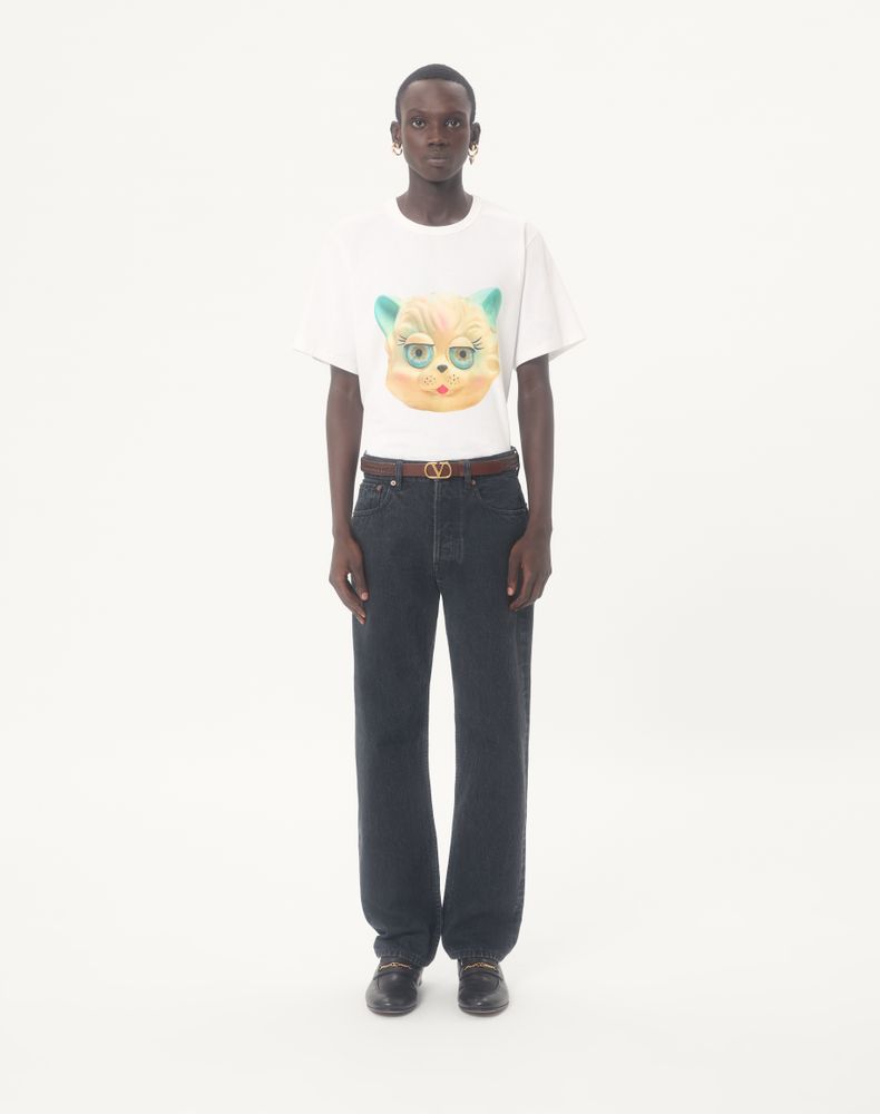 Valentino Cotton T-Shirt With Le Chat De La Maison Print Man Ivory M