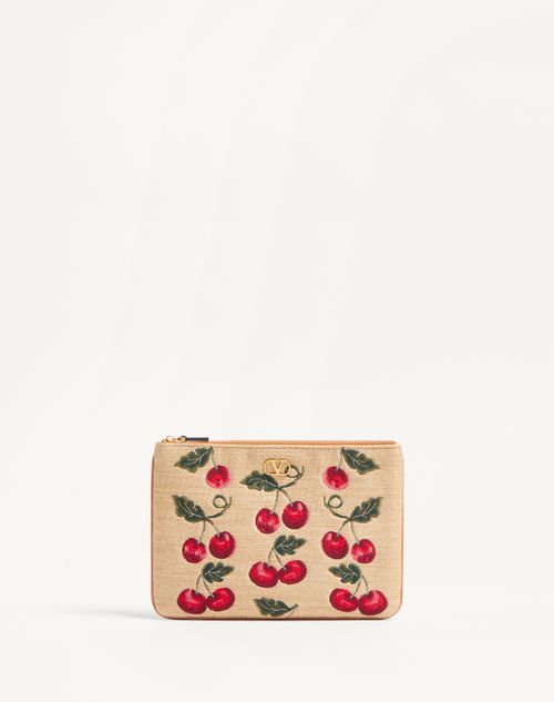 Valentino Garavani - Vlogo Signature Pouch In Jacquard Raffia With Cherry Pattern - Natural/red - Woman - Valentino Garavani Vlogo Signature