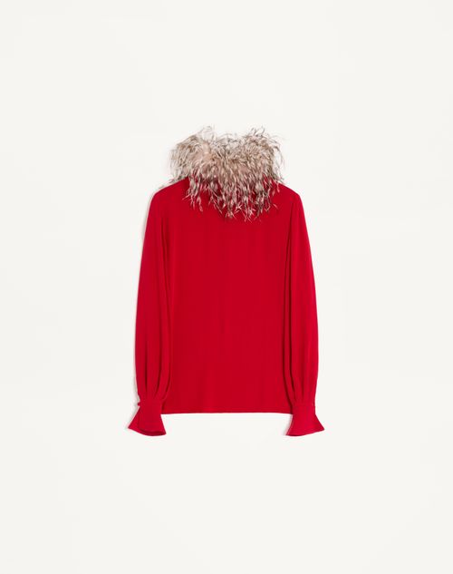 Valentino - Georgette Top With Feathers - Paris/brown - Woman - Shirts And Tops