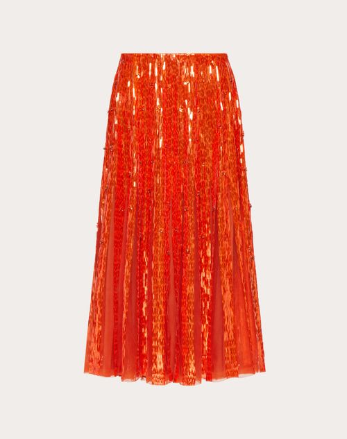 Valentino - Jupe Mi-longue Brodée Tulle Illusione - Orange - Femme - Jupes
