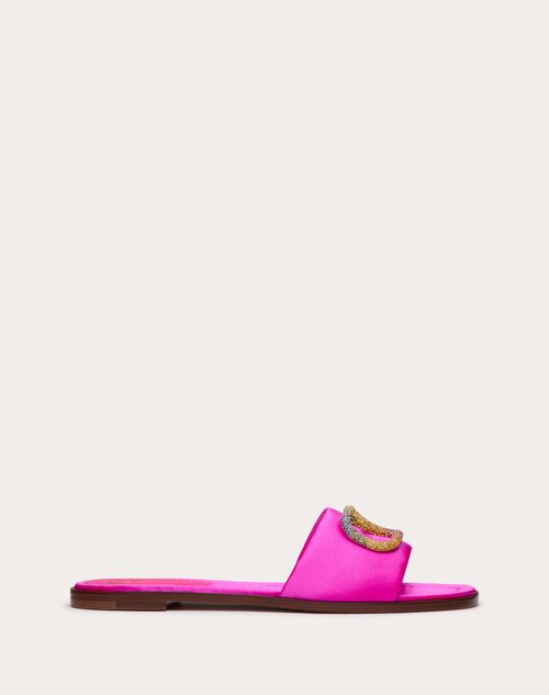 Valentino Garavani - Valentino Garavani Escape Slide Sandal In Satin With Crystals - Pink Pp/multicolour - Woman - Slides And Thongs