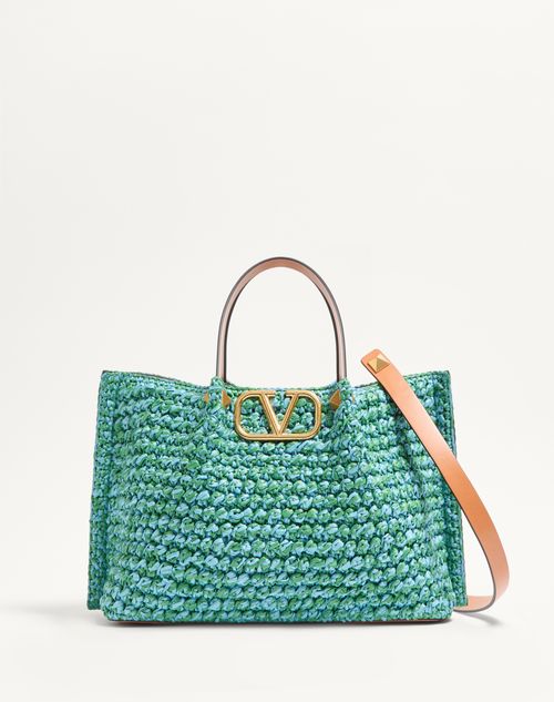 Valentino Garavani - Medium Shopping Bag In Synthetic Raffia Crochet - Green/azure/camel - Woman - Summer Totes - Bags (vlogo Totes/signature)