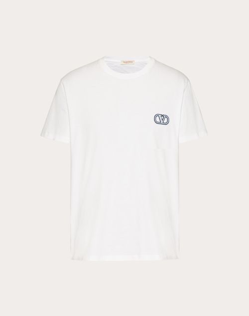 新品 VIA VALENTINO ロゴ刺繍 モックネック 半袖Tシャツ 紺/Lイタリア製
