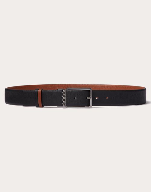 Valentino Garavani - Cinturón Rockstud Reversible De 35 mm De Cuero Graneado De Becerro - Negro/marrón Tostado - Hombre - Belts - M Accessories