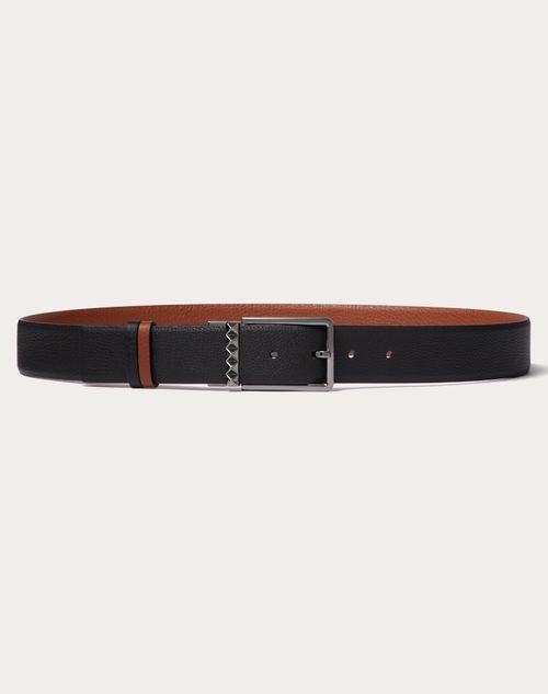 Valentino Garavani - Rockstud Reversible Belt In Grainy Calfskin 35 Mm - Black/saddle Brown - Man - Belts - M Accessories