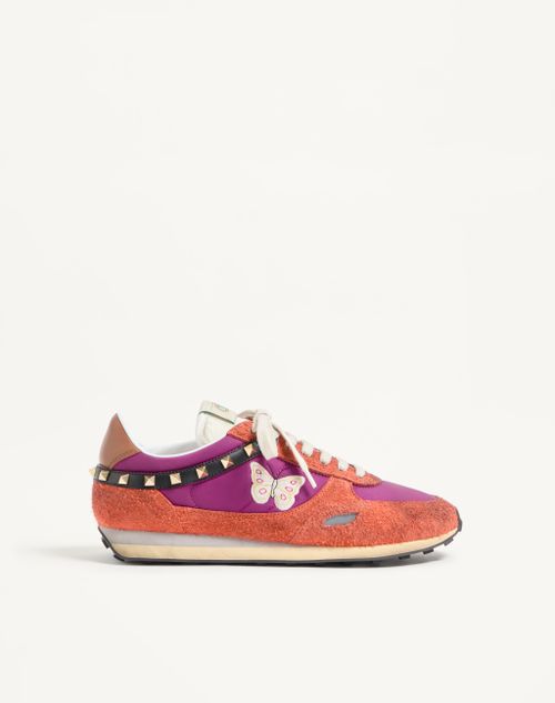 Valentino Garavani - Stud Up Sneaker In Split Leather And Nylon With Butterfly Embroidery - Orange/purple - Man - Sneakers