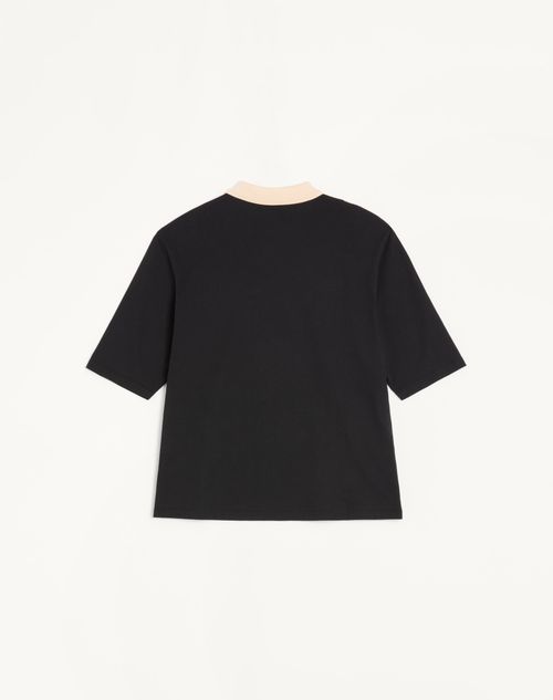 Valentino - Valentino Cotton Polo With Inlaid V And Embroidered Panther Patch - Black/butter - Man - T-shirts And Sweatshirts