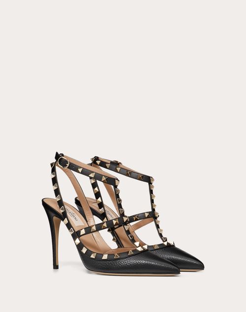 Rockstud Grainy Leather Ankle Strap Pump 100 Mm for Woman in Black