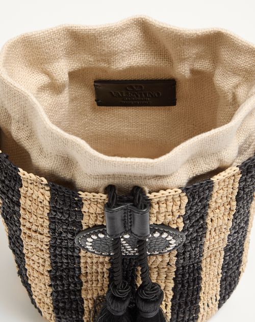 Valentino Garavani - Valentino Garavani Small Striped Raffia Bucket Bag - Natural/black - Woman - Shoulder Bags