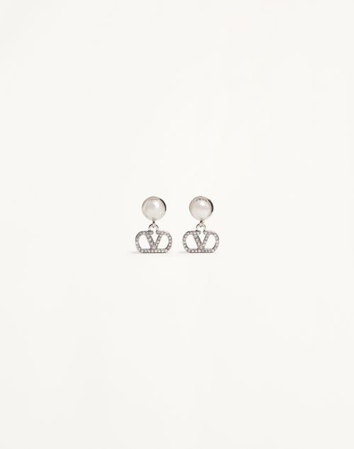 Valentino Garavani - Vlogo Signature Earrings In Metal, Pearl And Swarovski® Crystals - Palladium/cream/crystal - Woman - Jewellery