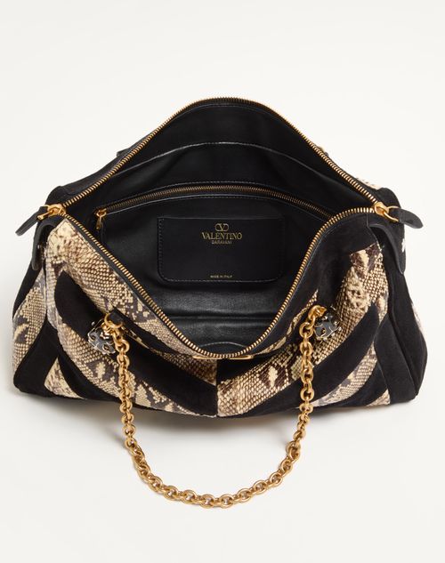 Valentino Garavani - Valentino Garavani Panthea Python And Suede Chevron Motif Shoulder Bag - Natural/black - Woman - Shoulder Bags