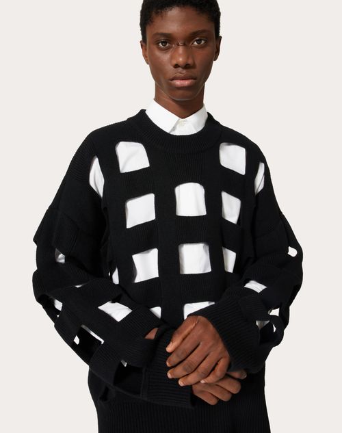 Wool Crewneck Sweater With Cut-out Design for Man in Black