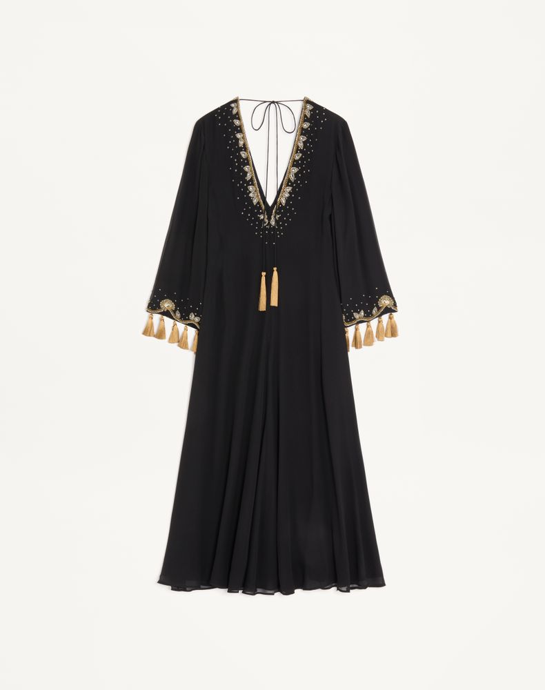 Valentino Embroidered Light Georgette Midi Dress Woman Black/Gold 46