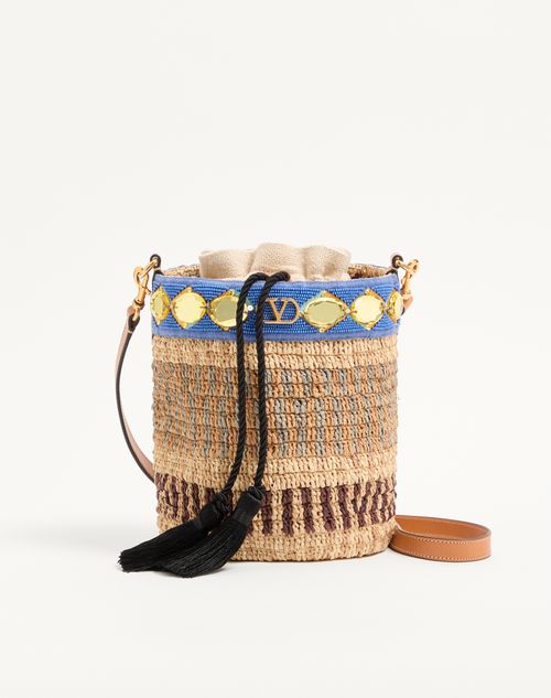Valentino Garavani - Valentino Garavani Small Embroidered Bucket Bag In Raffia - Natural/azure - Woman - Shoulder Bags