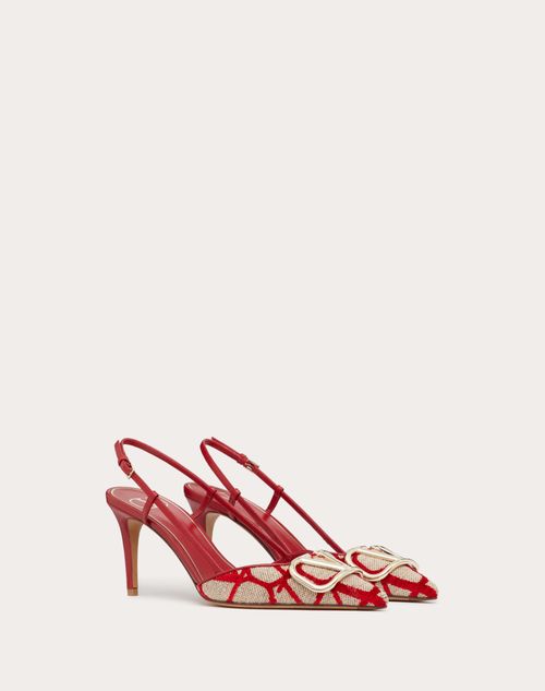 Valentino Garavani - Décolleté Slingback Vlogo Signature In Toile Iconographe 80mm - Beige/rosso - Donna - Décolleté