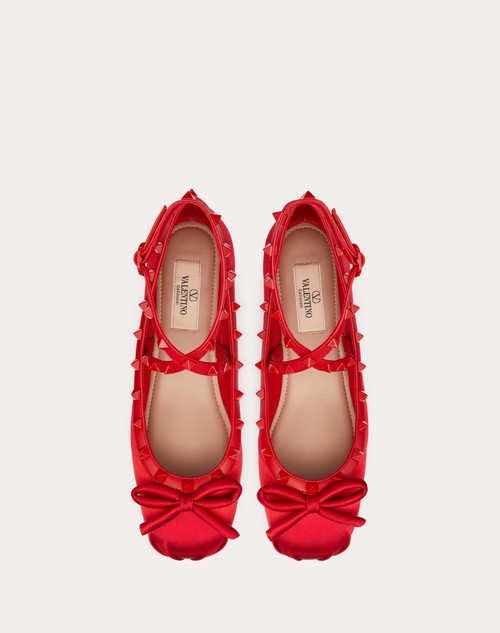 Rockstud satin and leather ballet flats