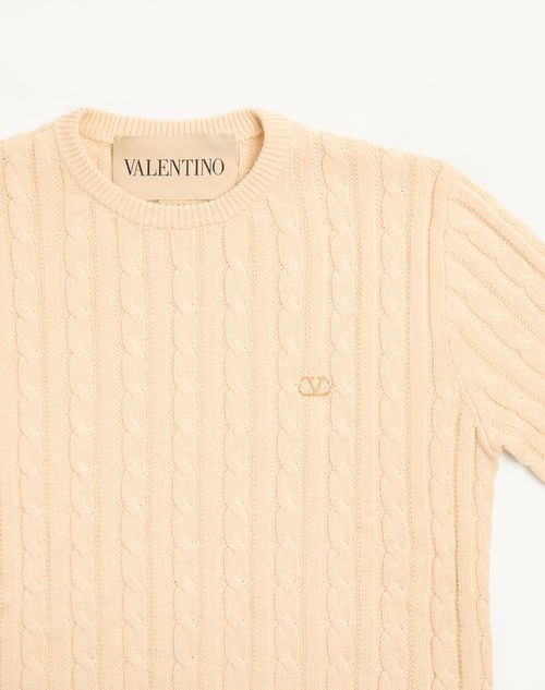 Valentino - Valentino Cable-knit Cotton Crew Neck Sweater With Vlogo On The Chest - Cream - Man - Knitwear