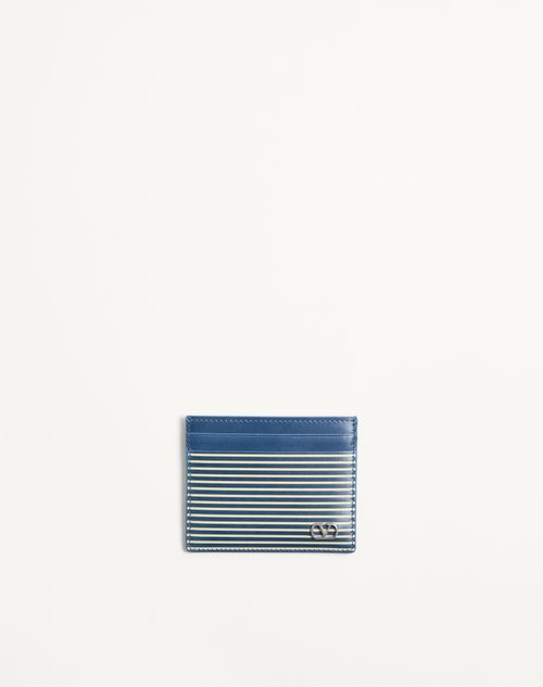 Valentino Garavani - Porte-cartes Valentino Garavani Vlogo Signature En Cuir De Veau Grainé Avec Imprimé Rayé. - Bleu D'azur - Homme - Portefeuilles Et Petite Maroquinerie
