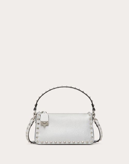 Valentino Garavani - Bandolera Rockstud Pequeña De Cuero De Becerro Graneado Metalizado - Plata - Mujer - Bolsos Mini Y Micro