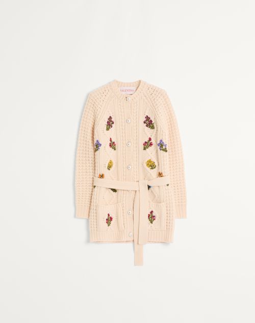 Valentino - Embroidered Wool Knit Coat - Birch/multicolour - Woman - Knitwear