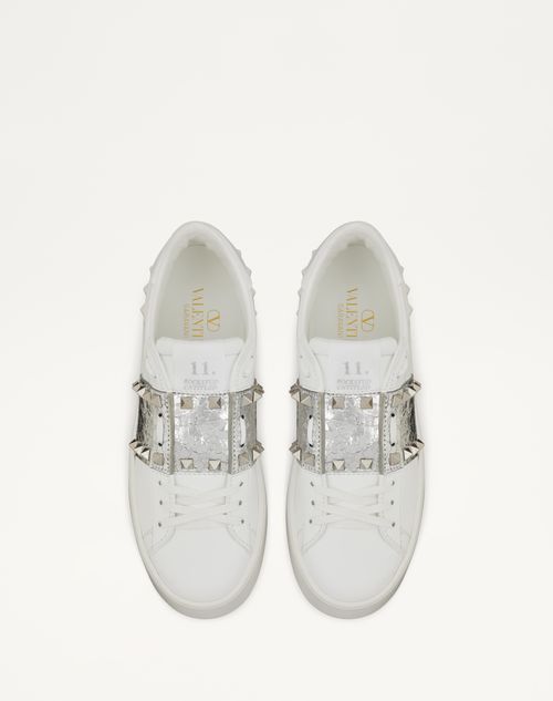 Valentino Garavani - Rockstud Untitled Flatform Sneaker In Calfskin With Metallic 
crackle-effect Band - White/silver - Woman - Sneakers