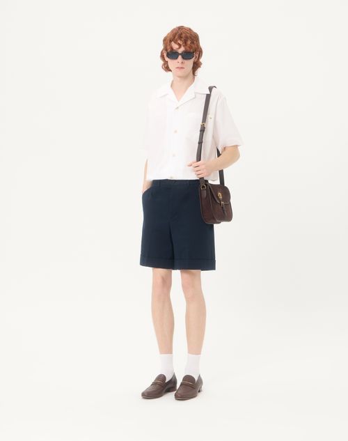 Valentino - Valentino Cotton Gabardine Bermuda Shorts With Turn-up And Vlogo Embroidery - Navy - Man - Pants And Shorts