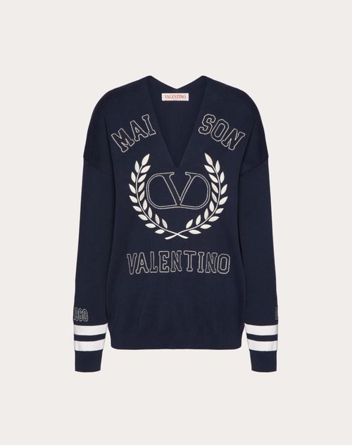 Valentino - Embroidered Cotton Pullover - Navy/ivory - Woman - Sweaters