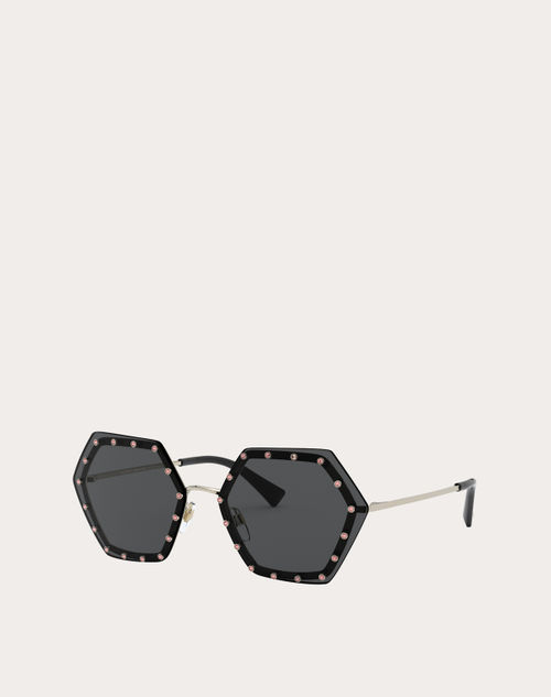 Valentino - Hexagonal Metal Frame With Crystal Studs - Grey - Woman - Eyewear