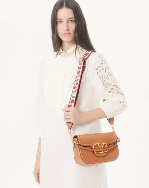 Valentino Garavani - Valentino Garavani Alltime Shoulder Bag In Grainy Calfskin With Cherryfic Embroidered Ribbon Shoulder Strap - Almond - Woman - Shoulder Bags