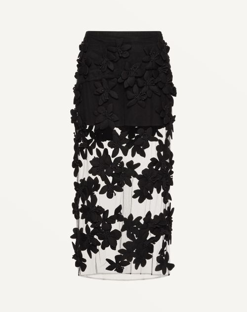 Valentino - Gonna Midi In Tulle Illusione Ricamata - Nero - Donna - Gonne