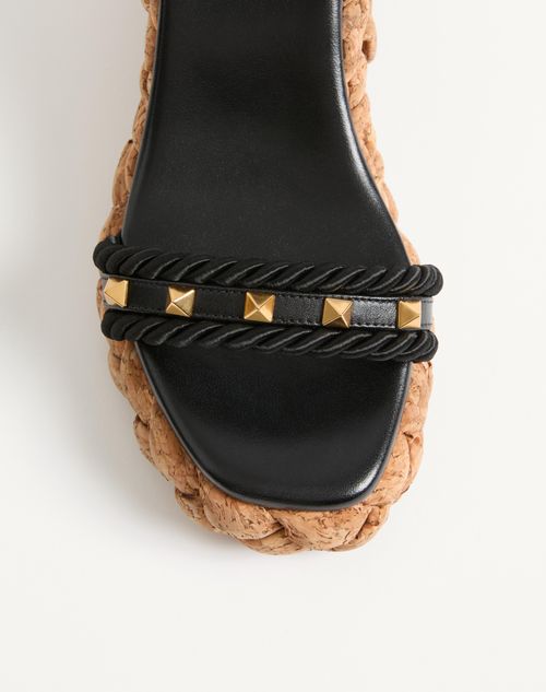 Valentino Garavani - Rockstud Wedge In Calfskin 100mm - Black/natural - Woman - Espadrilles And Wedges
