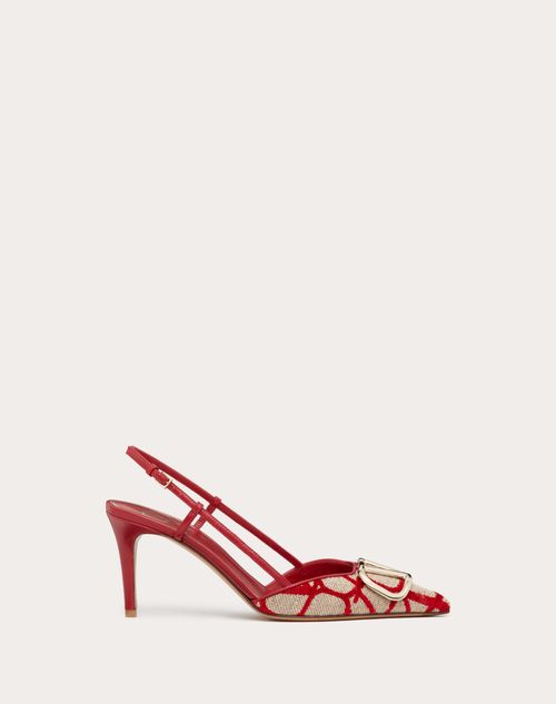 Valentino Garavani - Décolleté Slingback Vlogo Signature In Toile Iconographe 80mm - Beige/rosso - Donna - Décolleté